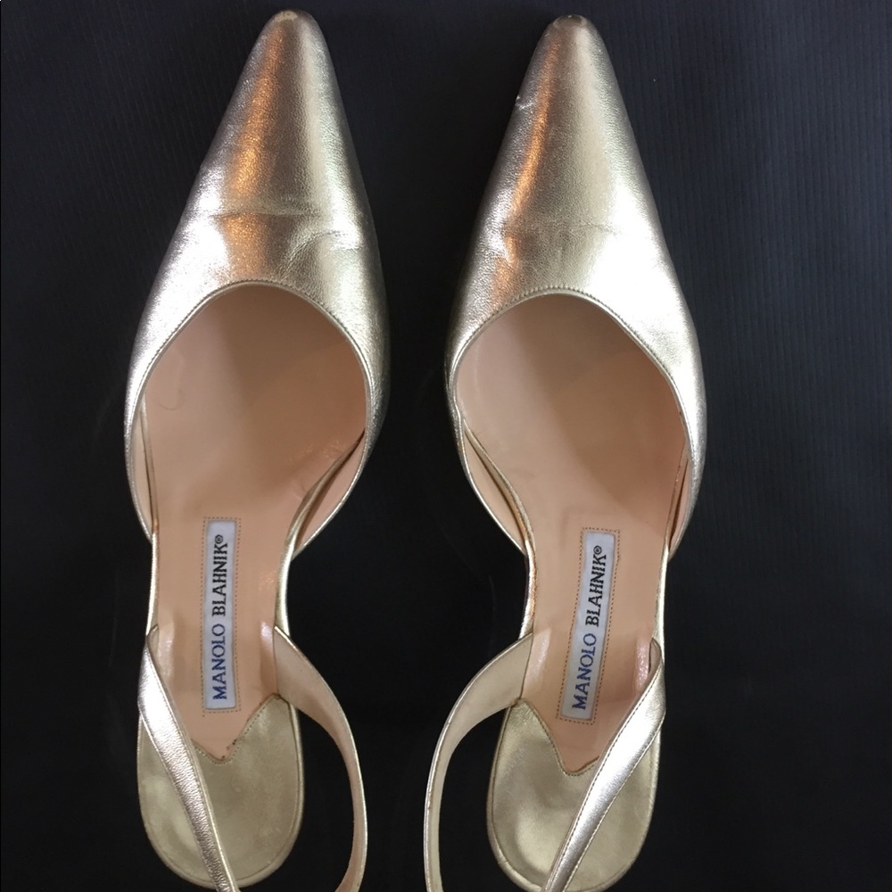 Manolo Blahnik Carolyne Gold Sling Back Heels
